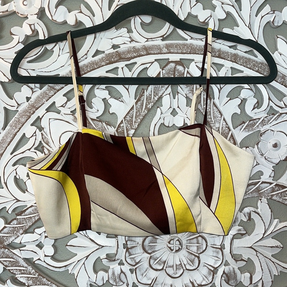 House Of Harlow 1960 Crop Top Yellow Brown Beige Boho Chic Retro Pattern szS EUC